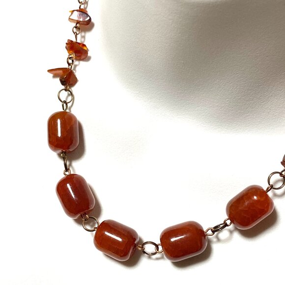 Genuine Burnt Orange Snakeskin Agate Bib Necklace, Large Gemstone & Copper Links - Picture 1 of 13